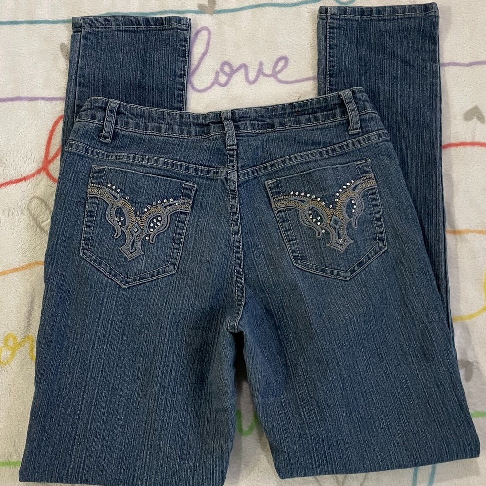 T&Y Blue Stretch Low Rise Skinny Rhinestone Denim Jeans Pants Womans sz 9 / 10